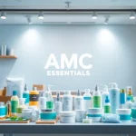 Shop for essentials at https://amc-essentials.com/ featuring a vibrant product display in a modern layout.