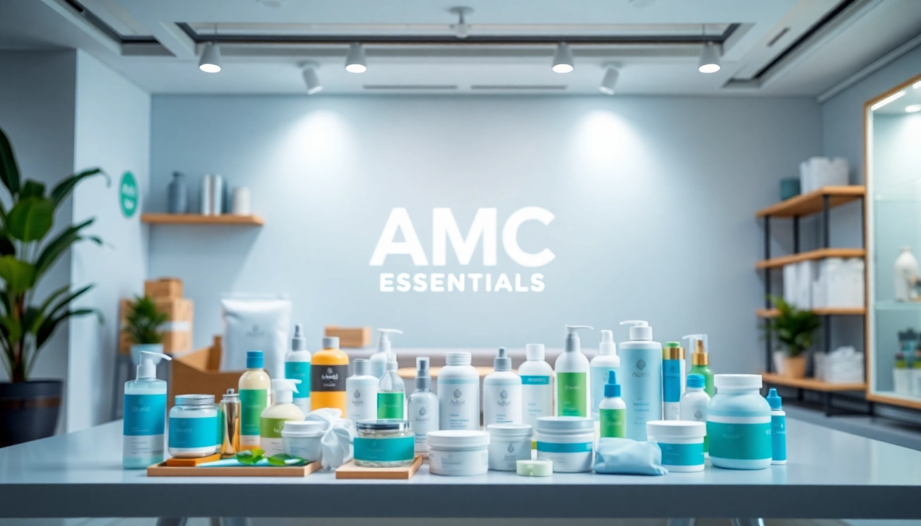 Shop for essentials at https://amc-essentials.com/ featuring a vibrant product display in a modern layout.