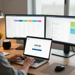 User accessing rm1.to login on a modern laptop in a professional workspace with dashboards and productivity tools.
