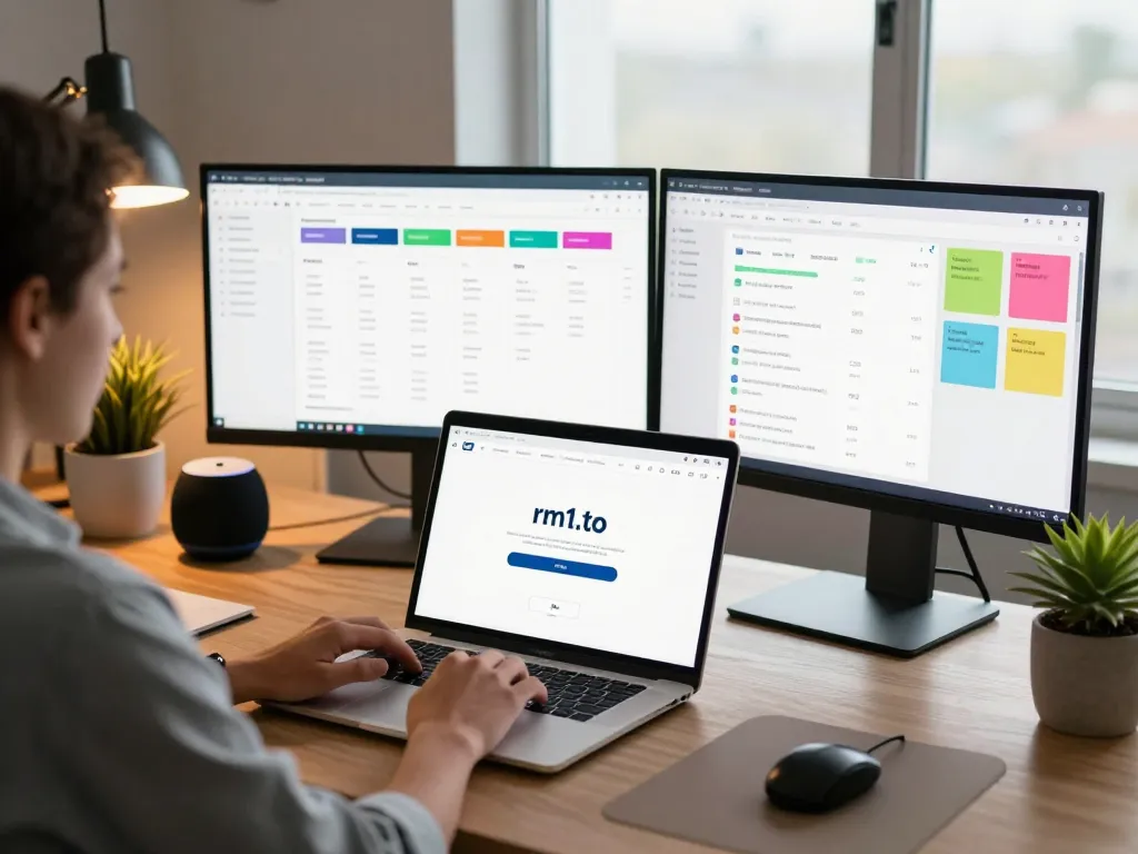 User accessing rm1.to login on a modern laptop in a professional workspace with dashboards and productivity tools.