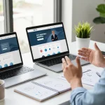 Entrepreneur discussing pay monthly websites in a modern workspace, highlighting digital design and marketing.