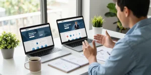 Entrepreneur discussing pay monthly websites in a modern workspace, highlighting digital design and marketing.