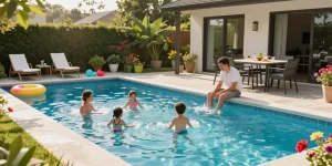 Dolphin Pool Services ensuring family enjoyment around a sparkling pool in Virginia.