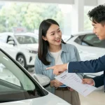 Best car history check UK displayed on vehicle report while buyers assess a used car in a bright dealership.