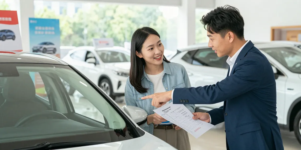 Best car history check UK displayed on vehicle report while buyers assess a used car in a bright dealership.