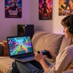 Engaging scene of a young woman playing an adult game in a cozy home setting.