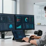VDS sunucu management in a modern tech environment, showcasing IT professional optimizing server resources.
