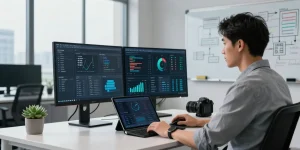 VDS sunucu management in a modern tech environment, showcasing IT professional optimizing server resources.
