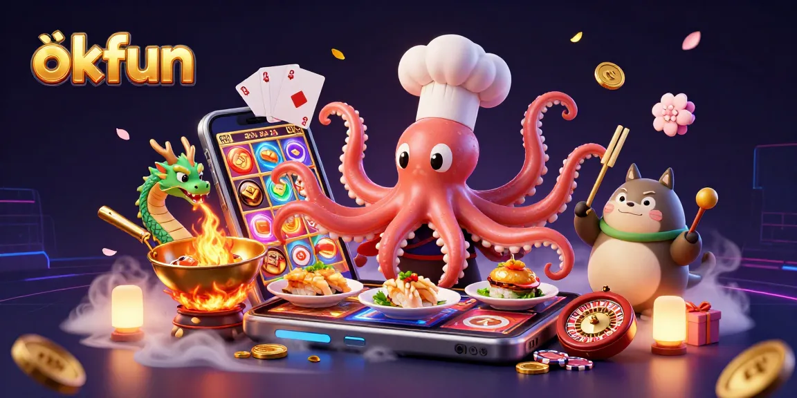 Experience gambling excitement with okfun in this vibrant 3D casino illustration featuring colorful slot games, dragons, and playful characters.