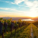A vineyard in Clarksburg California with ripe grapes basking in the sunset's warm glow.