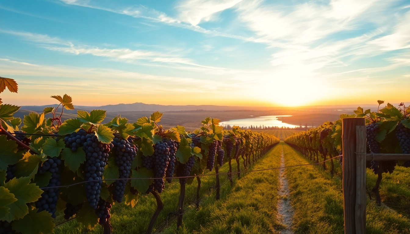 A vineyard in Clarksburg California with ripe grapes basking in the sunset's warm glow.
