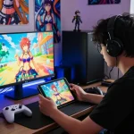 Engaged player exploring hentaigames on a tablet in a vibrant gaming setup.