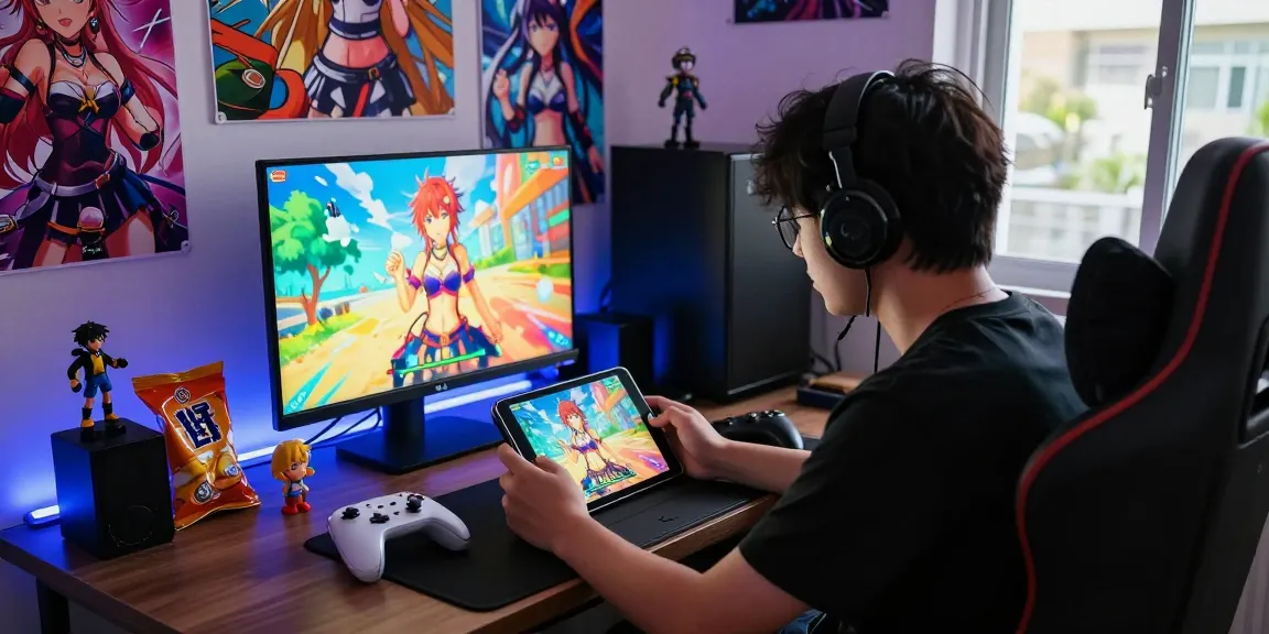 Engaged player exploring hentaigames on a tablet in a vibrant gaming setup.
