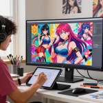 Creating stunning AI ecchi art in a vibrant digital studio, showcasing creativity and modern technology.