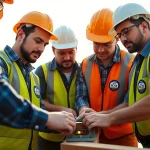 Construction workers displaying nccer certification badges while collaborating on a sunny job site.
