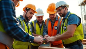Construction workers displaying nccer certification badges while collaborating on a sunny job site.