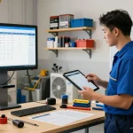 Dynamic HVAC service software management workspace with technician reviewing job orders on a tablet, showcasing organized tools and real-time scheduling.