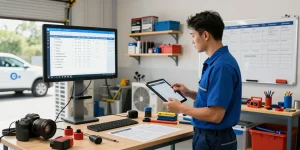 Dynamic HVAC service software management workspace with technician reviewing job orders on a tablet, showcasing organized tools and real-time scheduling.