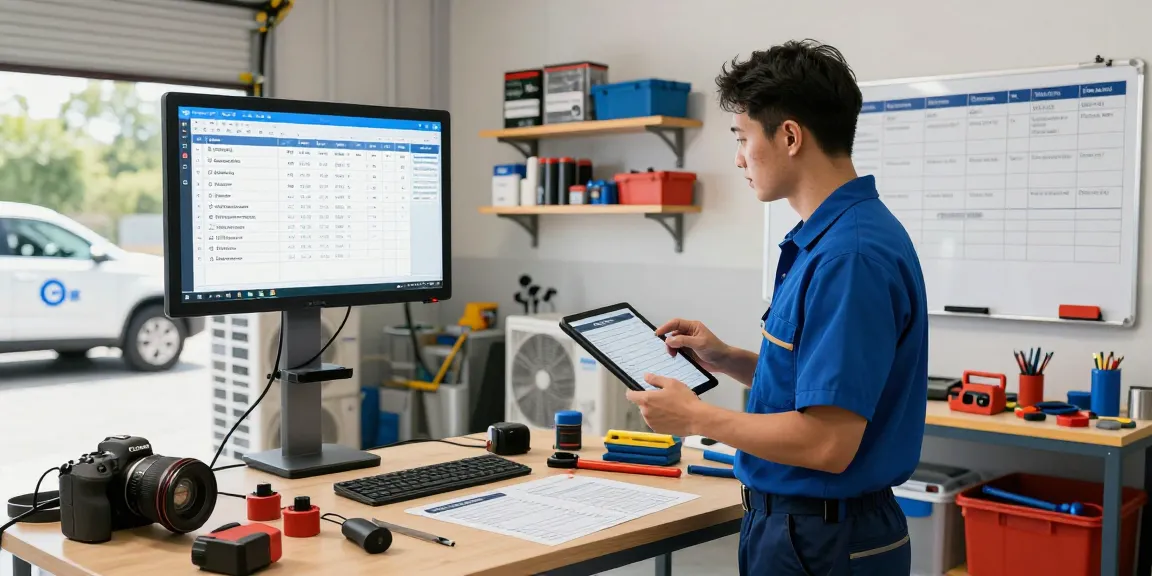 Dynamic HVAC service software management workspace with technician reviewing job orders on a tablet, showcasing organized tools and real-time scheduling.
