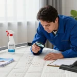 Bed bug control inspection in a cozy bedroom with exterminator tools and educational materials.