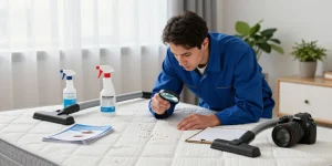 Bed bug control inspection in a cozy bedroom with exterminator tools and educational materials.