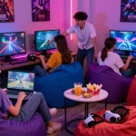 Engaging group of friends playing nsfw games in a vibrant gaming lounge.