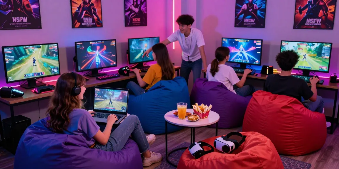Engaging group of friends playing nsfw games in a vibrant gaming lounge.