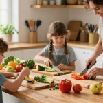 Bamboo cutting boards on a kitchen island as a family prepares fresh vegetables together, highlighting teamwork in cooking.