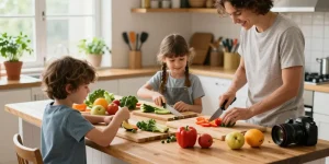 Bamboo cutting boards on a kitchen island as a family prepares fresh vegetables together, highlighting teamwork in cooking.