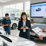 VIN check in action at a used car dealership, showcasing diverse buyers assessing vehicles and accessing history reports.