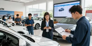 VIN check in action at a used car dealership, showcasing diverse buyers assessing vehicles and accessing history reports.