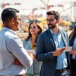 Engaging contractors participating in construction networking discussions at an active site.