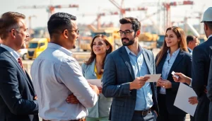 Engaging contractors participating in construction networking discussions at an active site.