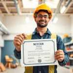 Showcase of a proud worker displaying NCCER certification in a professional training facility setting.