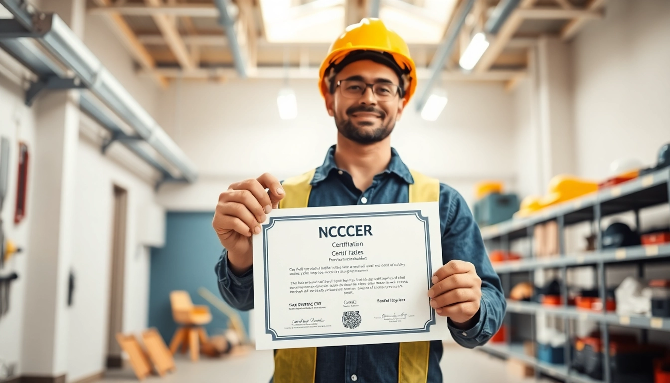 Showcase of a proud worker displaying NCCER certification in a professional training facility setting.
