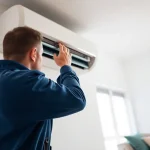 Install American Standard AC unit with professional technicians in a modern home setting.