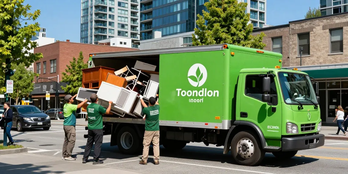 Efficient team providing junk removal Vancouver services with branded truck amidst a vibrant urban backdrop