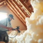 Discover expert spray foam removal near me, showcasing a technician safely removing insulation from an attic.