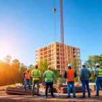 Workers engaged in Carolinas construction project with crane and building in background.