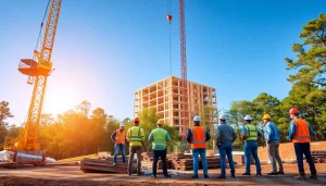 Workers engaged in Carolinas construction project with crane and building in background.