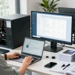 Refurbished PC and laptop workspace showing models and reviews in a modern office