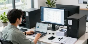 Refurbished PC and laptop workspace showing models and reviews in a modern office