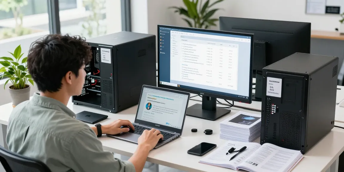 Refurbished PC and laptop workspace showing models and reviews in a modern office