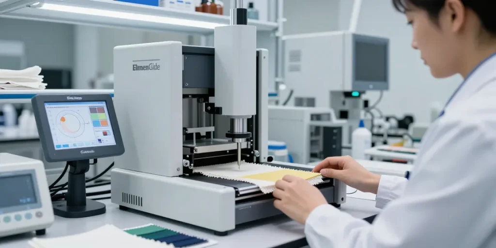 Tearing force measurement in a high-tech textile testing lab with ElmenGuide tester.