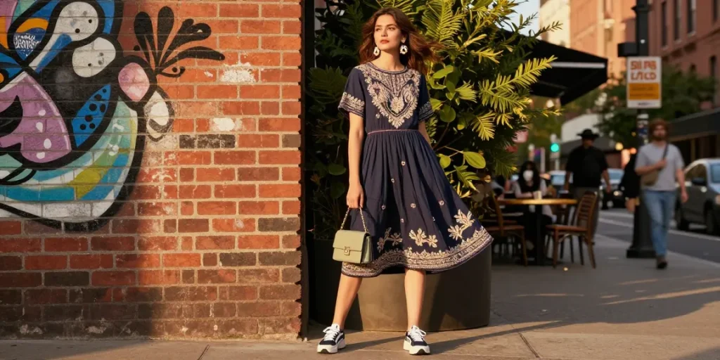 Woman showcasing a stylish modest dress against a vibrant urban backdrop, embodying modern fashion.