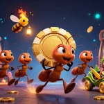 Experience the heist adventure of 11WIN with animated ants and golden poker chip.