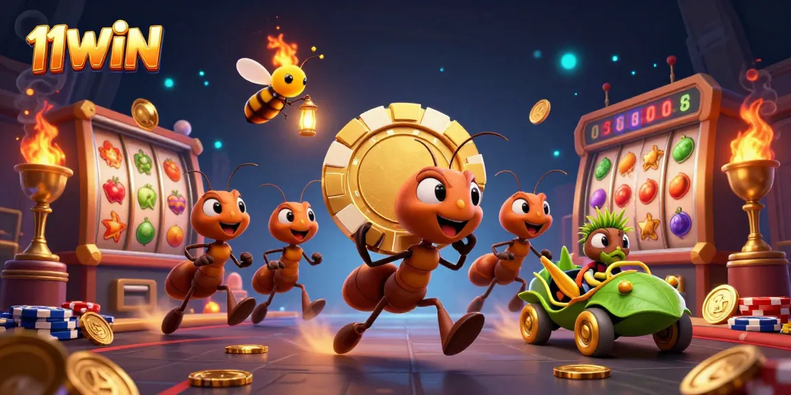 Experience the heist adventure of 11WIN with animated ants and golden poker chip.
