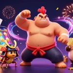 Experience the excitement with rs88's dynamic 3D illustration of gaming action featuring a powerful sumo wrestler, cricket, and tanuki announcer.