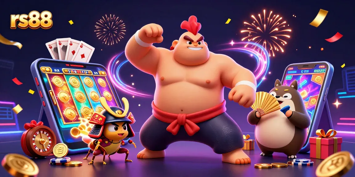 Experience the excitement with rs88's dynamic 3D illustration of gaming action featuring a powerful sumo wrestler, cricket, and tanuki announcer.