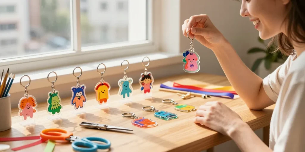 Colorful acrylic keychains showcased by a person in a warm, inviting setting.